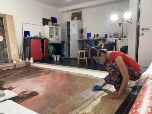 Dévernissage d'une peinture de grand format, 3 x 4 m, Charles-Boris de Jankowski, XIXe siècle, collection privée