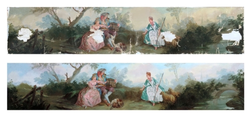 Toile marouflée avant et après restauration, 34 x 112 cm, Hôtel Potocki (Paris)